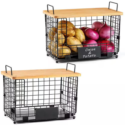 2-Piece Stackable Wire Baskets with Bamboo Tops, Pantry Organizer and Storage Bins, Kitchen Counter Cabinet Shelf
