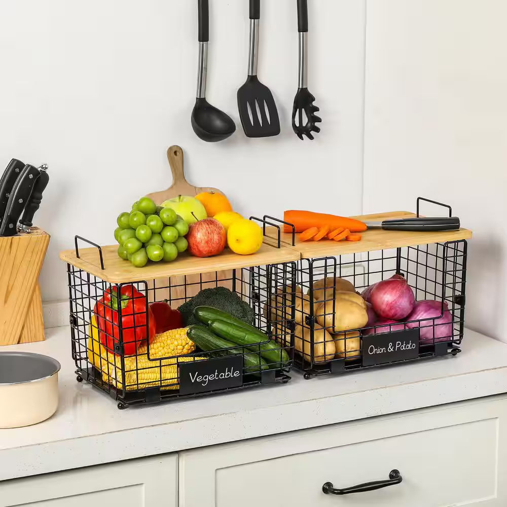 2-Piece Stackable Wire Baskets with Bamboo Tops, Pantry Organizer and Storage Bins, Kitchen Counter Cabinet Shelf
