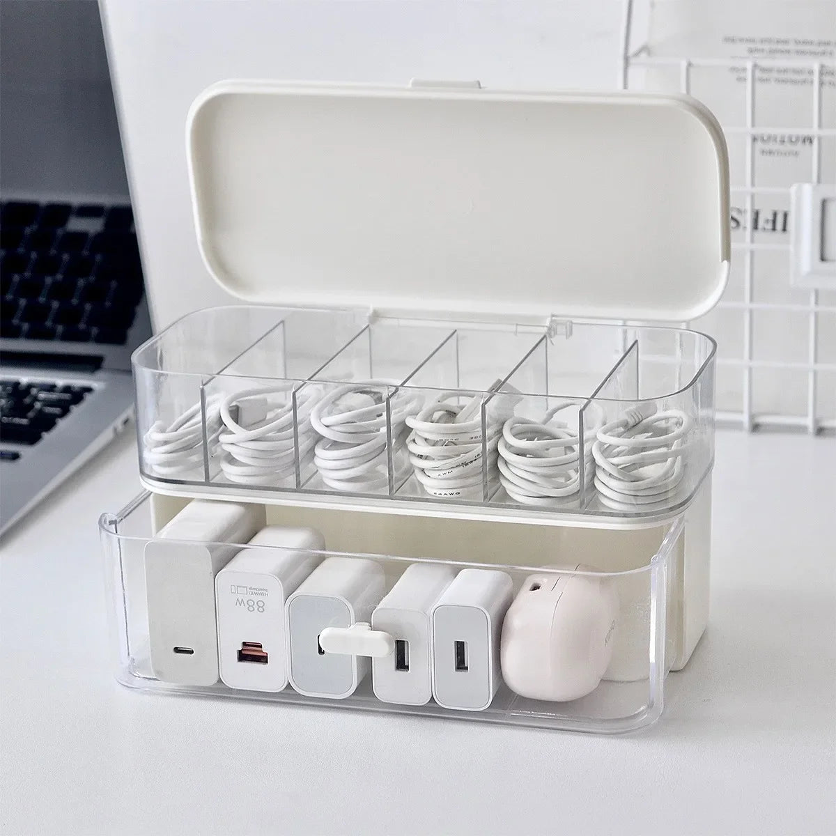 Compact Transparent Desktop Cable Organizer Box with Lid-No Power Needed Cord and Charger Storage Solution for Home Organization