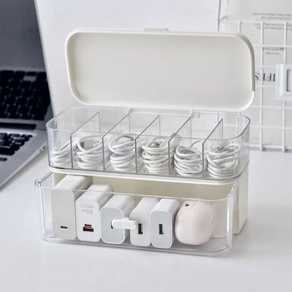 Compact Transparent Desktop Cable Organizer Box with Lid-No Power Needed Cord and Charger Storage Solution for Home Organization