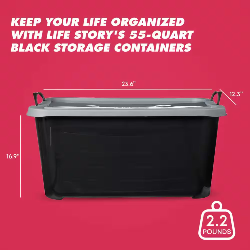 55 Qt Stackable Home Organization Lidded Storage Container in Black, (6 Pack)