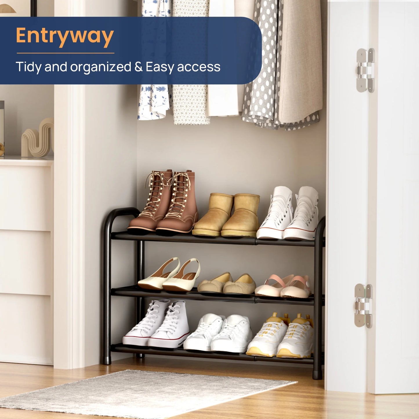 3 Tier Expandable Shoe Rack, Black Metal Shoe Shelf Organizer Storage for Closet, Space Saving Shoe Rack for Entrywa