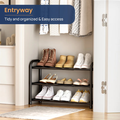 3 Tier Expandable Shoe Rack, Black Metal Shoe Shelf Organizer Storage for Closet, Space Saving Shoe Rack for Entrywa