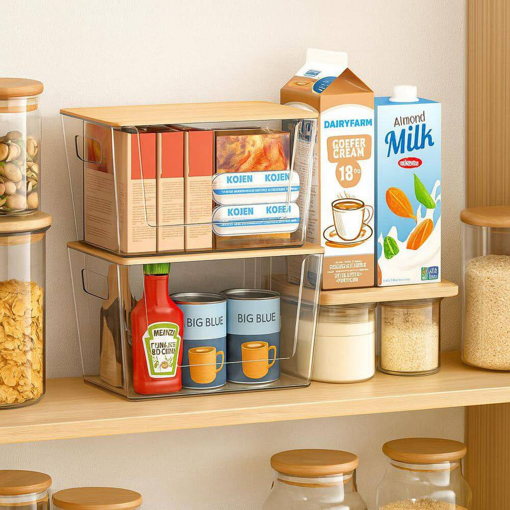 Clear 12In X 7In Acrylic Stackable Pantry Organizer with Bamboo Lid for Kitchen Storage and Home Organization