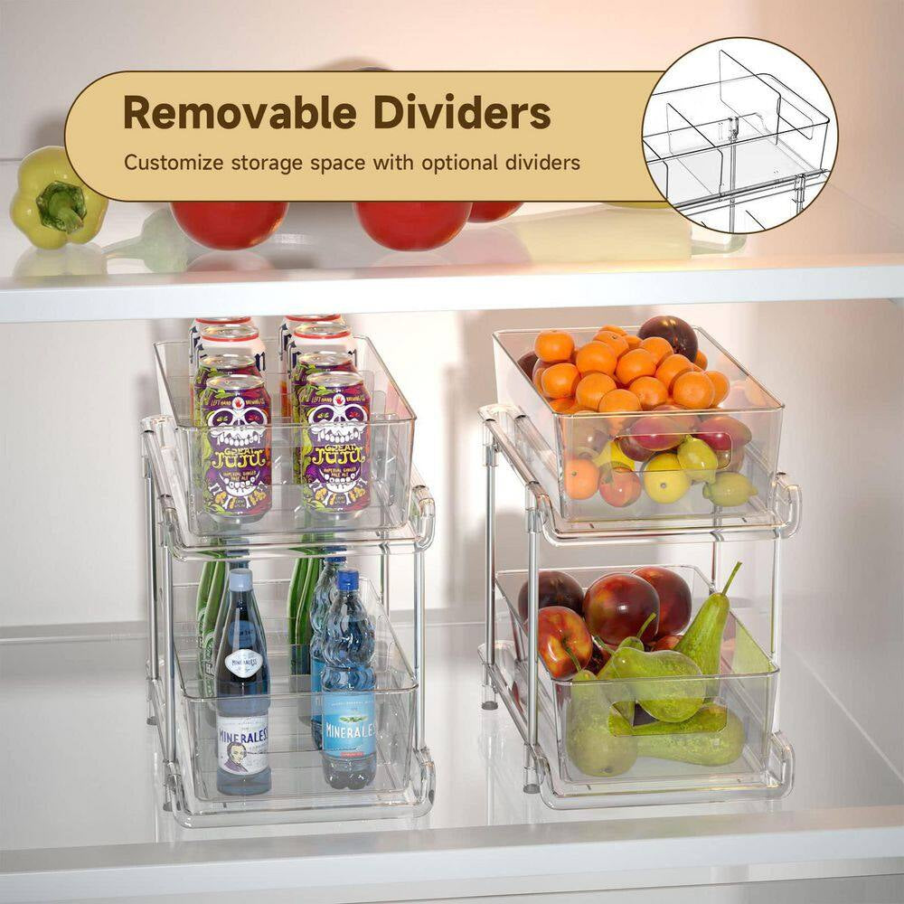 2-Pack 2-Tier Clear Plastic Pantry Organizer with Dividers, Pull-Out under Sink and Cabinet Organizer for Kitchen