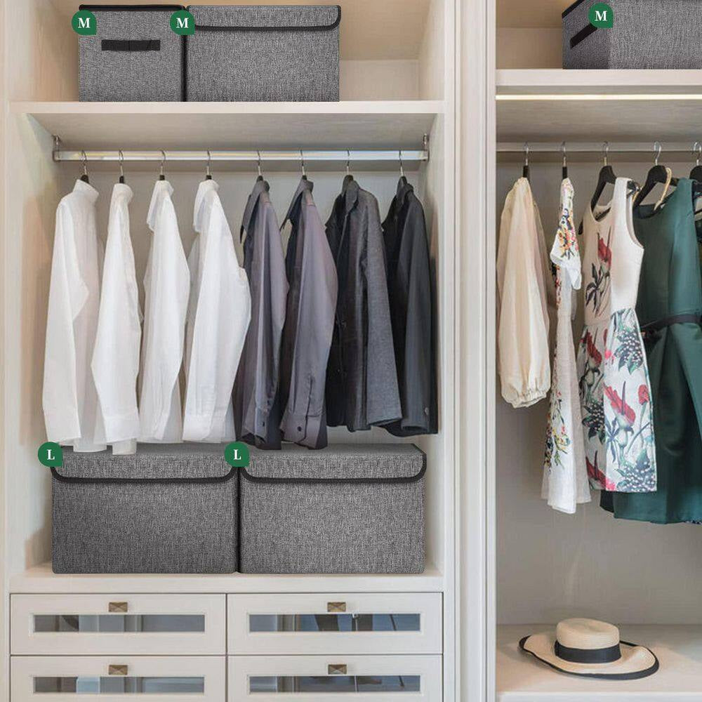 Gray 16.7 In. X 12 In. Linen Fabric Foldable Storage Bins with Lids Set of 3 for Home Organization