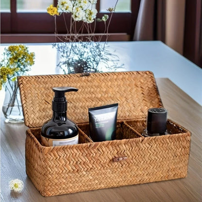 Partitioned Storage Box, Handcrafted Woven Storage Basket, Rectangular Vintage Shelf, for Home Organization Storage Containers