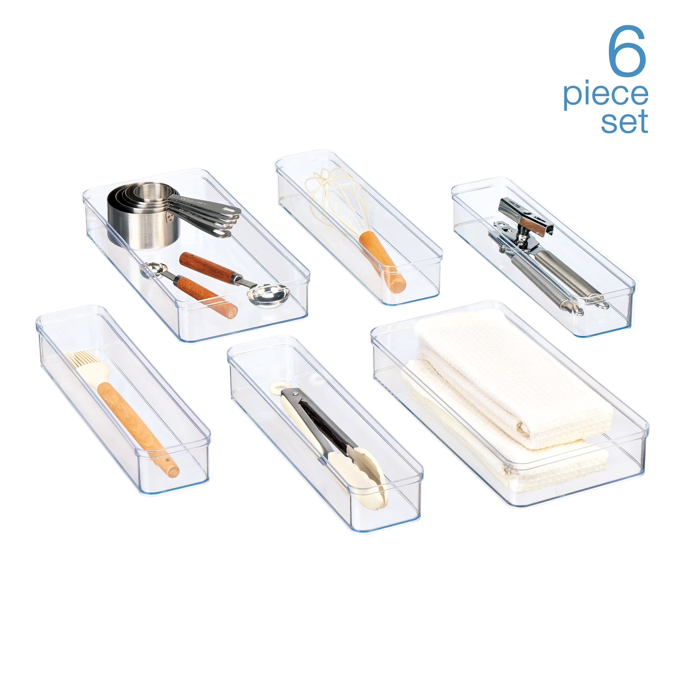 6-Piece Clear Plastic Drawer Storage Organizer Set, Kitchen, Desk and Bathroom Drawer Organizer Bins for Home Organization
