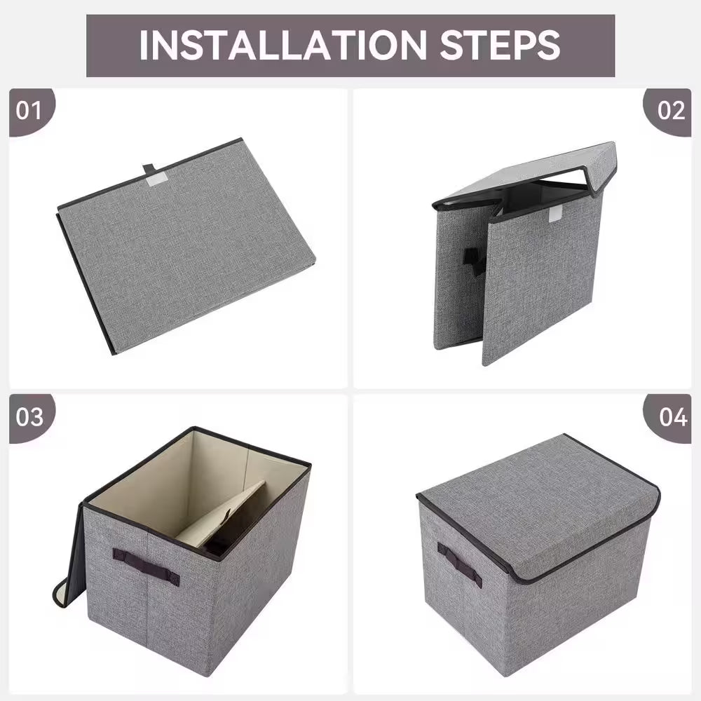 Gray 16.7 In. X 12 In. Linen Fabric Foldable Storage Bins with Lids Set of 3 for Home Organization