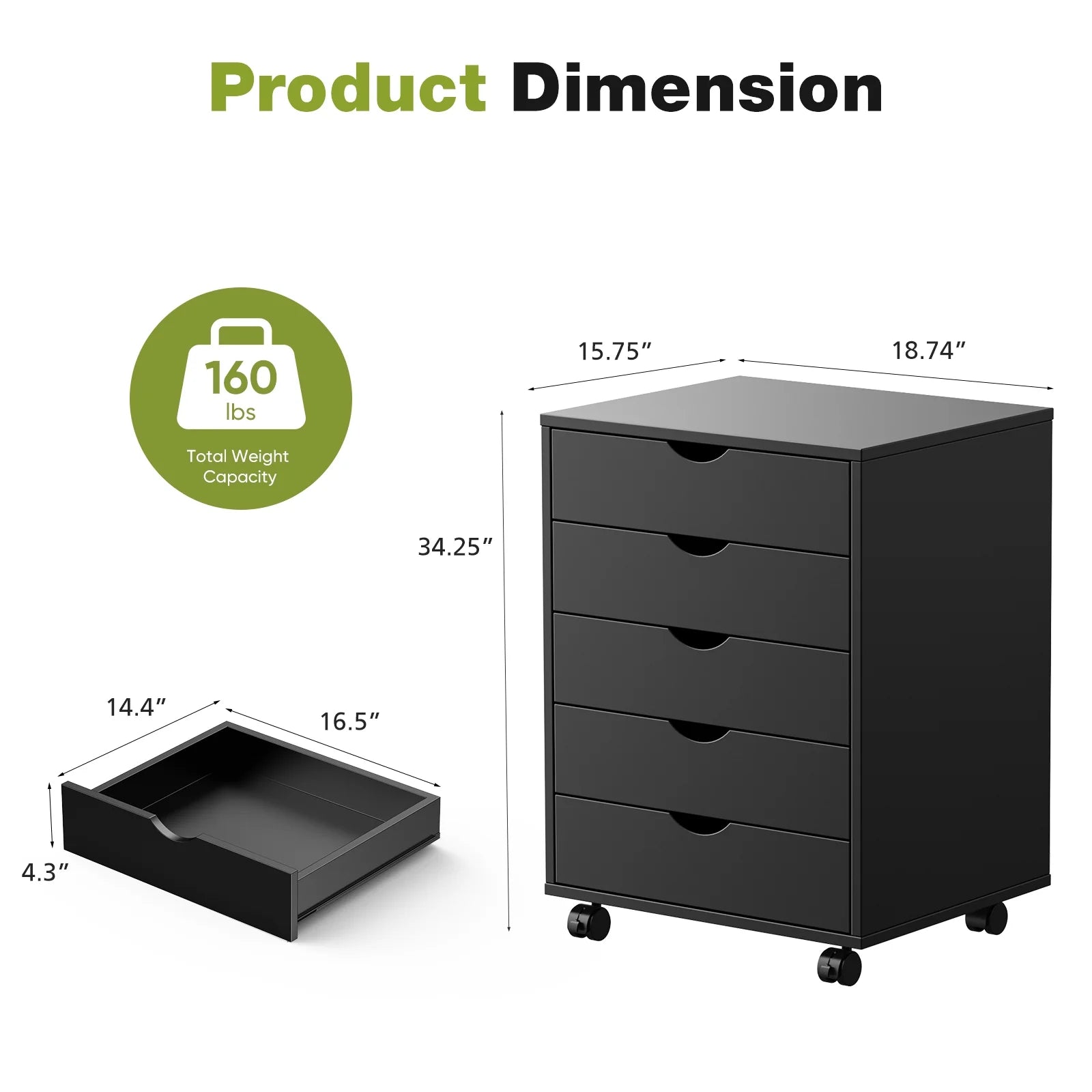 5-Drawer Portable Storage Cabinet on Wheels for Office, Bedroom & Home Organization, Black