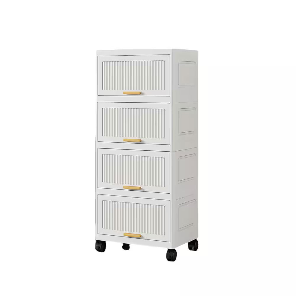 4-Layers Flip Open Storage Box with Wheels, Movable Storage Cabinet, Kitchen Shelf, Movable Storage Box-White