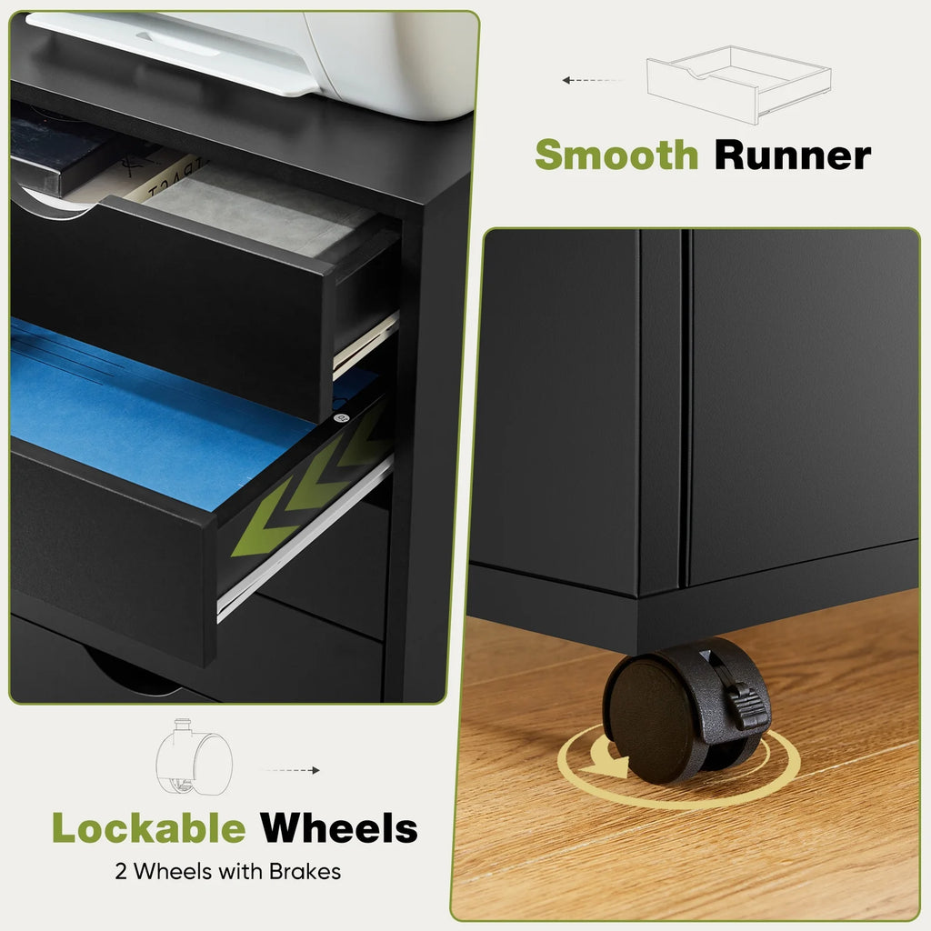 5-Drawer Portable Storage Cabinet on Wheels for Office, Bedroom & Home Organization, Black