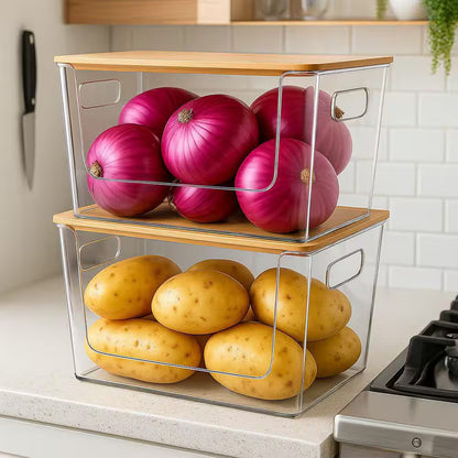 Clear 12In X 7In Acrylic Stackable Pantry Organizer with Bamboo Lid for Kitchen Storage and Home Organization