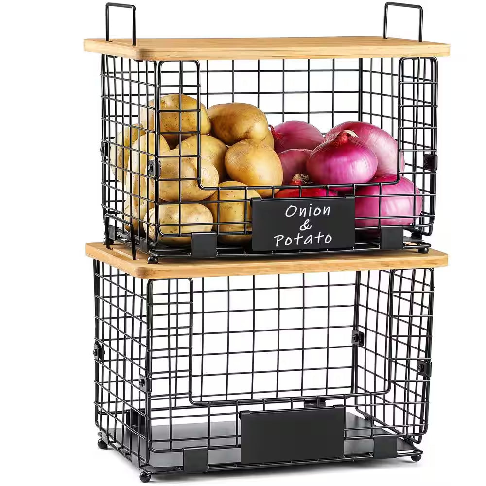 2-Piece Stackable Wire Baskets with Bamboo Tops, Pantry Organizer and Storage Bins, Kitchen Counter Cabinet Shelf