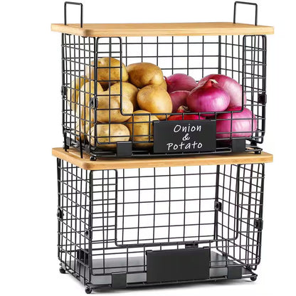 2-Piece Stackable Wire Baskets with Bamboo Tops, Pantry Organizer and Storage Bins, Kitchen Counter Cabinet Shelf