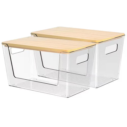 Clear 12In X 7In Acrylic Stackable Pantry Organizer with Bamboo Lid for Kitchen Storage and Home Organization