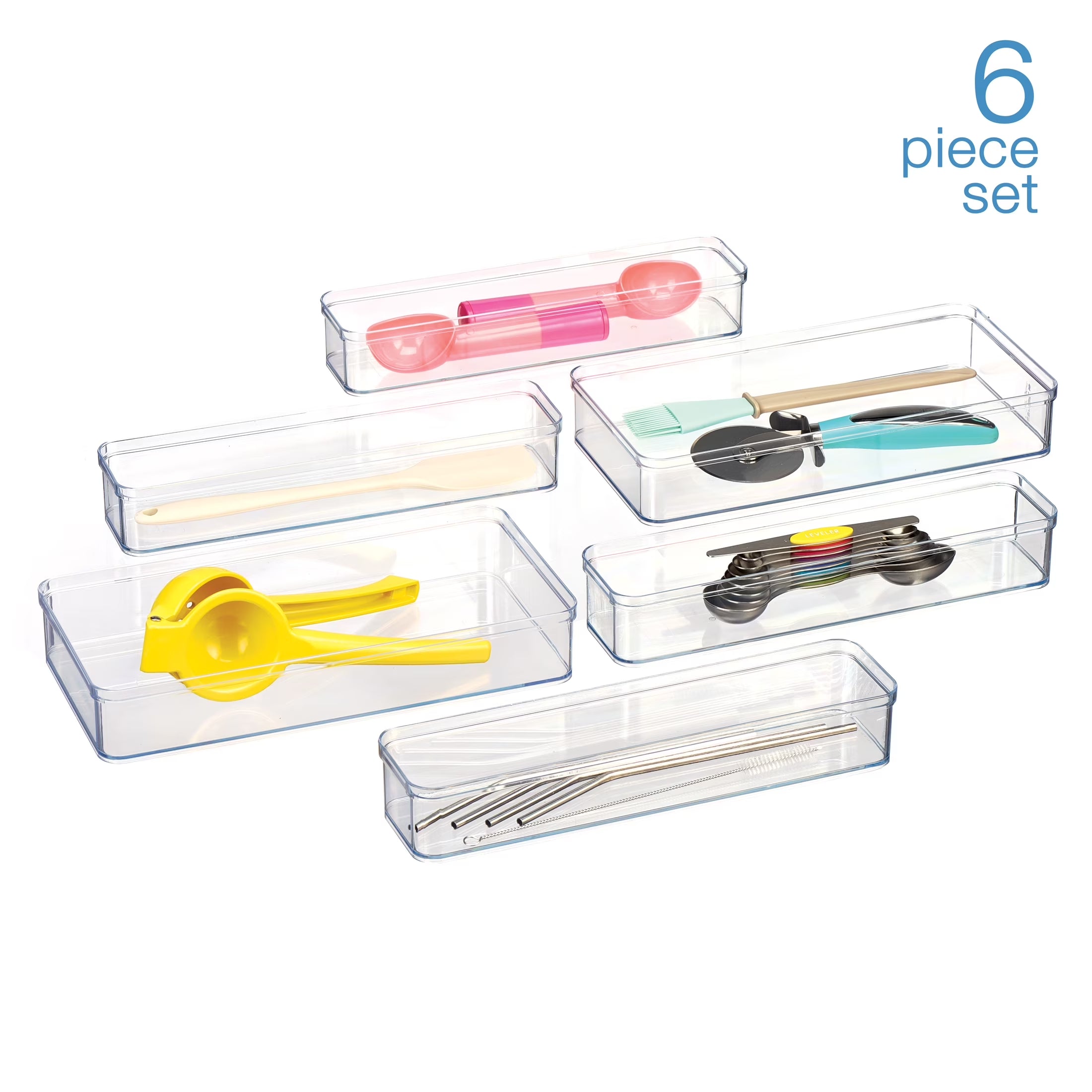 6-Piece Clear Plastic Drawer Storage Organizer Set, Kitchen, Desk and Bathroom Drawer Organizer Bins for Home Organization