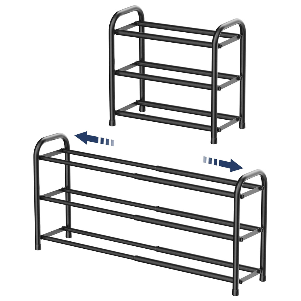 3 Tier Expandable Shoe Rack, Black Metal Shoe Shelf Organizer Storage for Closet, Space Saving Shoe Rack for Entrywa