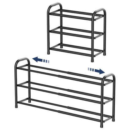 3 Tier Expandable Shoe Rack, Black Metal Shoe Shelf Organizer Storage for Closet, Space Saving Shoe Rack for Entrywa