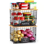 2-Piece Stackable Wire Baskets with Bamboo Tops, Pantry Organizer and Storage Bins, Kitchen Counter Cabinet Shelf