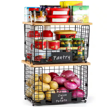 2-Piece Stackable Wire Baskets with Bamboo Tops, Pantry Organizer and Storage Bins, Kitchen Counter Cabinet Shelf