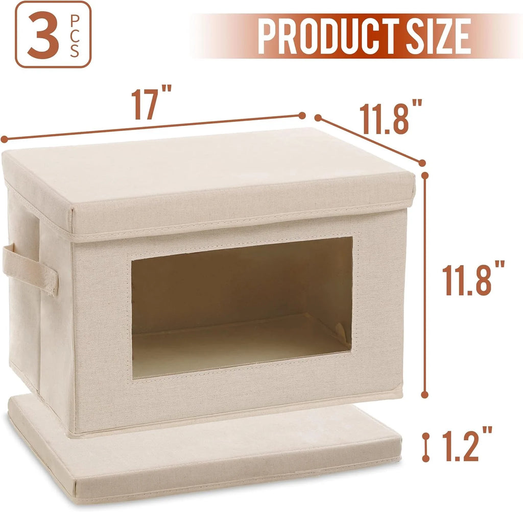 Citylife Collapsible Fabric Clothes Storage Bin with Handle Lid Large Foldable Box Basket for Closet 17"×11.8"×11.8" 3 Pack Biege