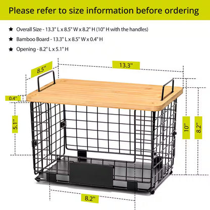2-Piece Stackable Wire Baskets with Bamboo Tops, Pantry Organizer and Storage Bins, Kitchen Counter Cabinet Shelf