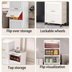4-Layers Flip Open Storage Box with Wheels, Movable Storage Cabinet, Kitchen Shelf, Movable Storage Box-White