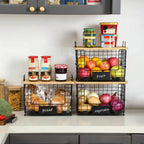 2-Piece Stackable Wire Baskets with Bamboo Tops, Pantry Organizer and Storage Bins, Kitchen Counter Cabinet Shelf