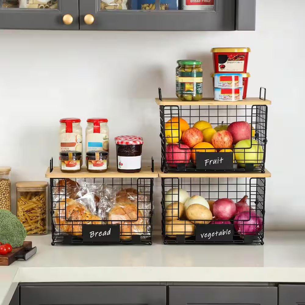2-Piece Stackable Wire Baskets with Bamboo Tops, Pantry Organizer and Storage Bins, Kitchen Counter Cabinet Shelf