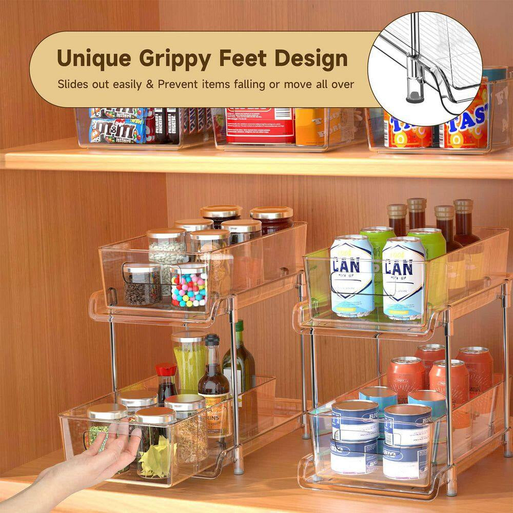 2-Pack 2-Tier Clear Plastic Pantry Organizer with Dividers, Pull-Out under Sink and Cabinet Organizer for Kitchen