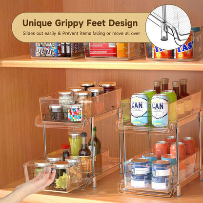 2-Pack 2-Tier Clear Plastic Pantry Organizer with Dividers, Pull-Out under Sink and Cabinet Organizer for Kitchen