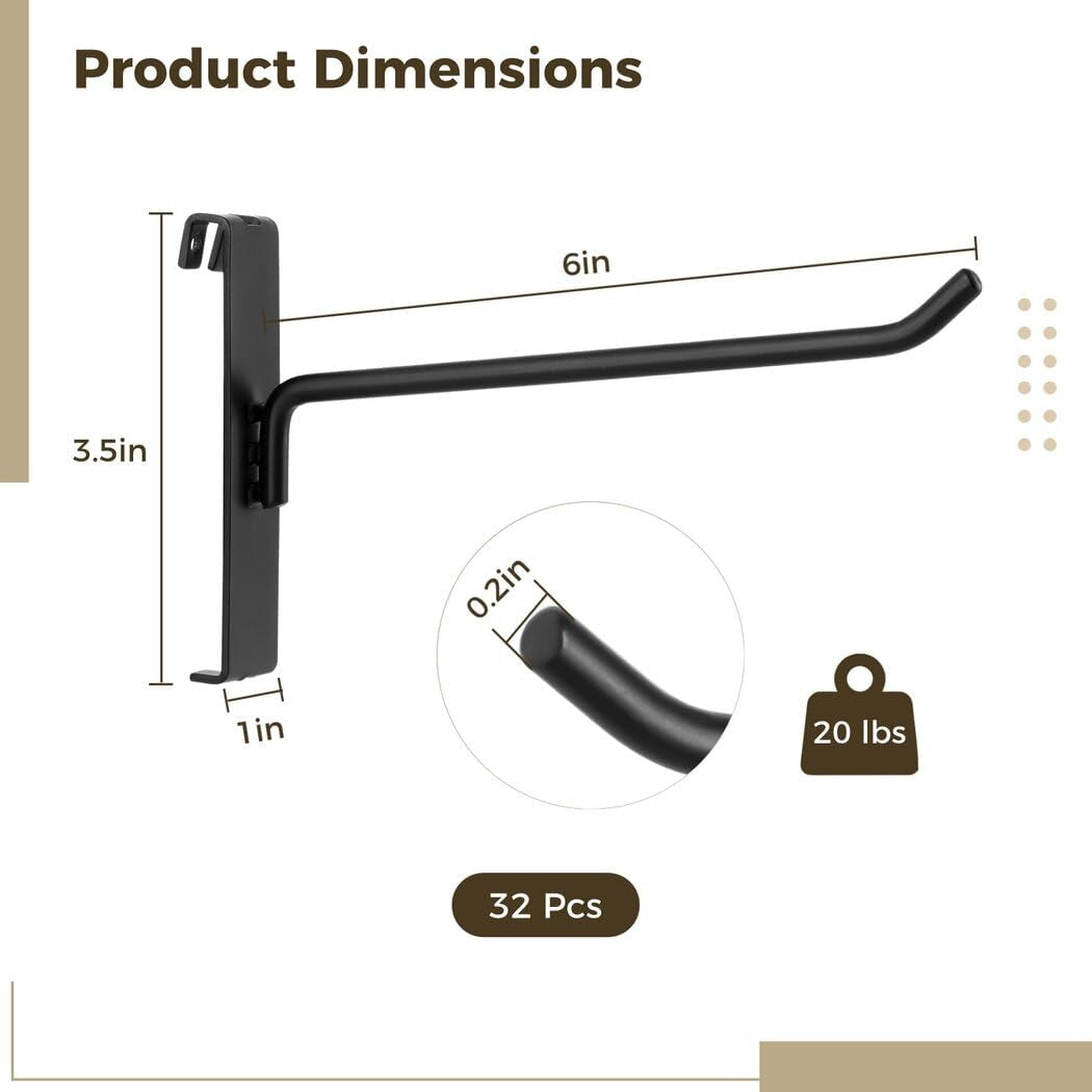 32-Pack 6-Inch Grid Wall Display Hooks, Black, for Retail & Home Organization