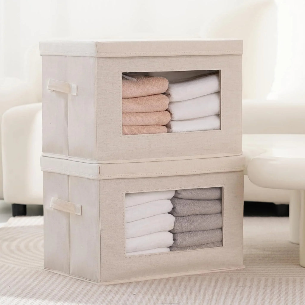 Citylife Collapsible Fabric Clothes Storage Bin with Handle Lid Large Foldable Box Basket for Closet 17"×11.8"×11.8" 3 Pack Biege