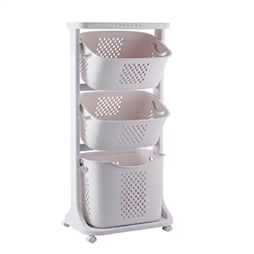 Freestanding Bathroom Multi-Layer Laundry Basket Storage Basket Household with 3-Baskets in White