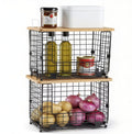 Stackable Wire Baskets with Bamboo Tops, Pantry Organizer and Storage Bins, Kitchen Counter Cabinet Shelf