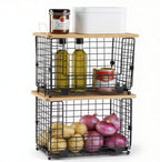 Stackable Wire Baskets with Bamboo Tops, Pantry Organizer and Storage Bins, Kitchen Counter Cabinet Shelf