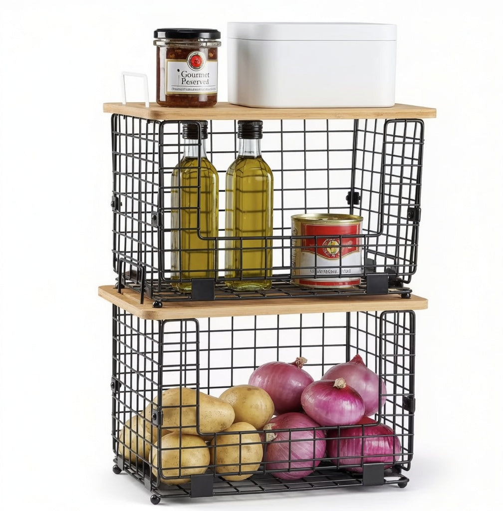 Stackable Wire Baskets with Bamboo Tops, Pantry Organizer and Storage Bins, Kitchen Counter Cabinet Shelf