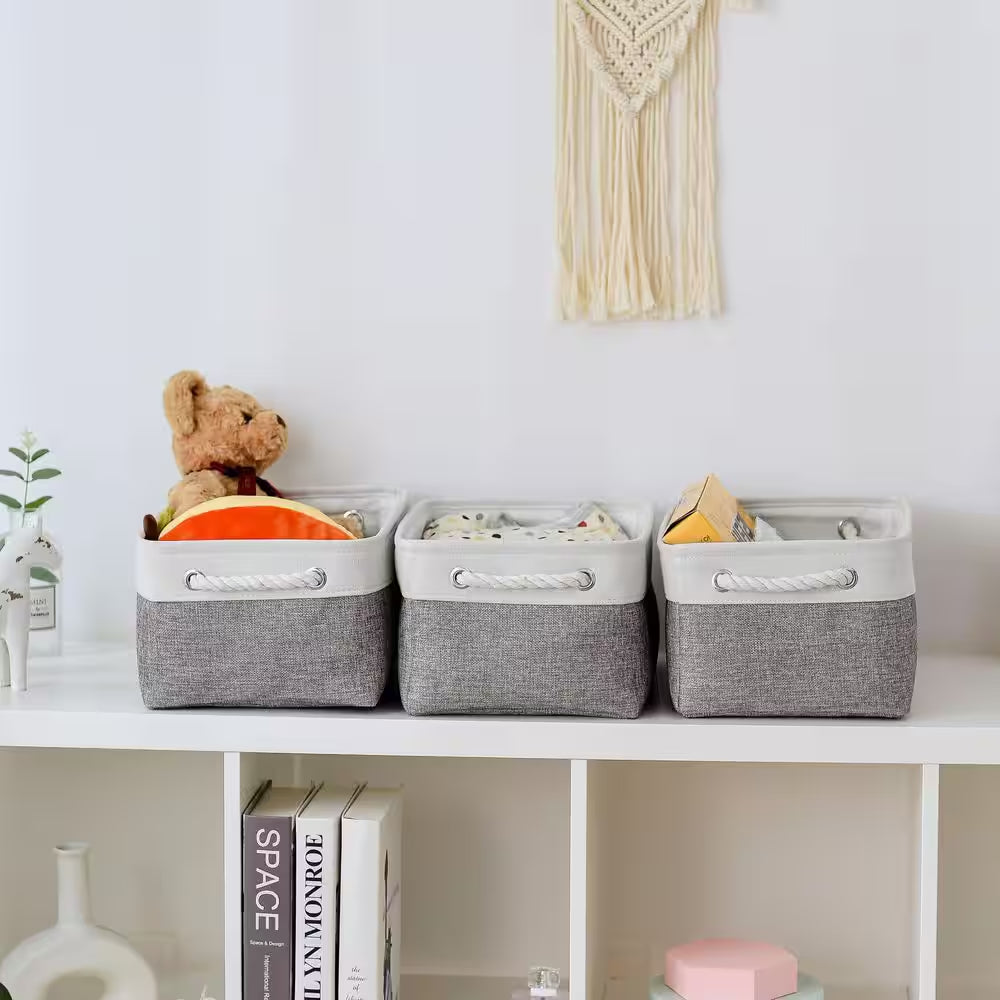 White & Grey 9.8 In. X 6.7 In. Fabric Collapsible Storage Bins Set of 3 for Home Organization