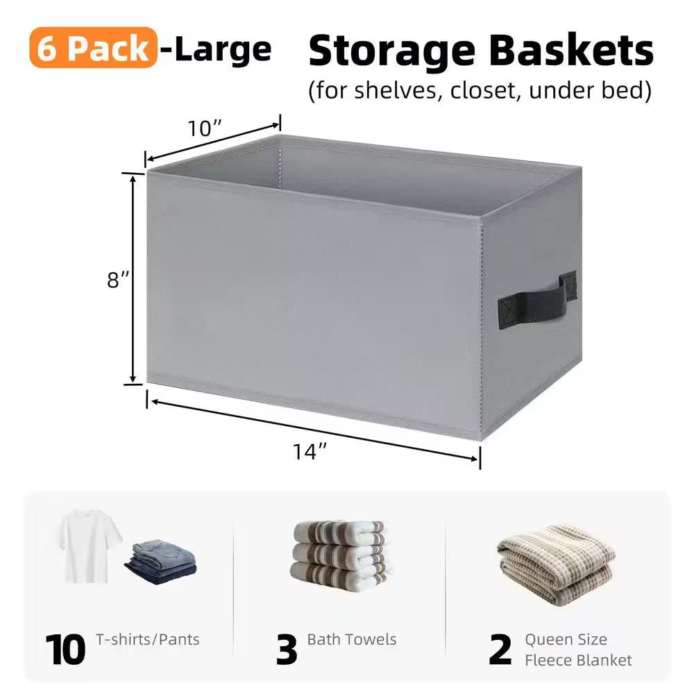 White 14In X 10In X 8In Fabric Closet Shelf Organizer Bins with Handles, Set of 6, for Home Organization