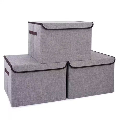 Gray 16.7 In. X 12 In. Linen Fabric Foldable Storage Bins with Lids Set of 3 for Home Organization