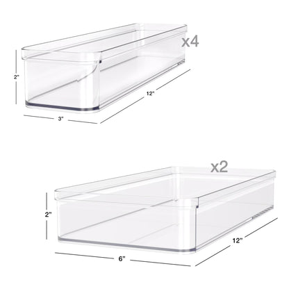 6-Piece Clear Plastic Drawer Storage Organizer Set, Kitchen, Desk and Bathroom Drawer Organizer Bins for Home Organization