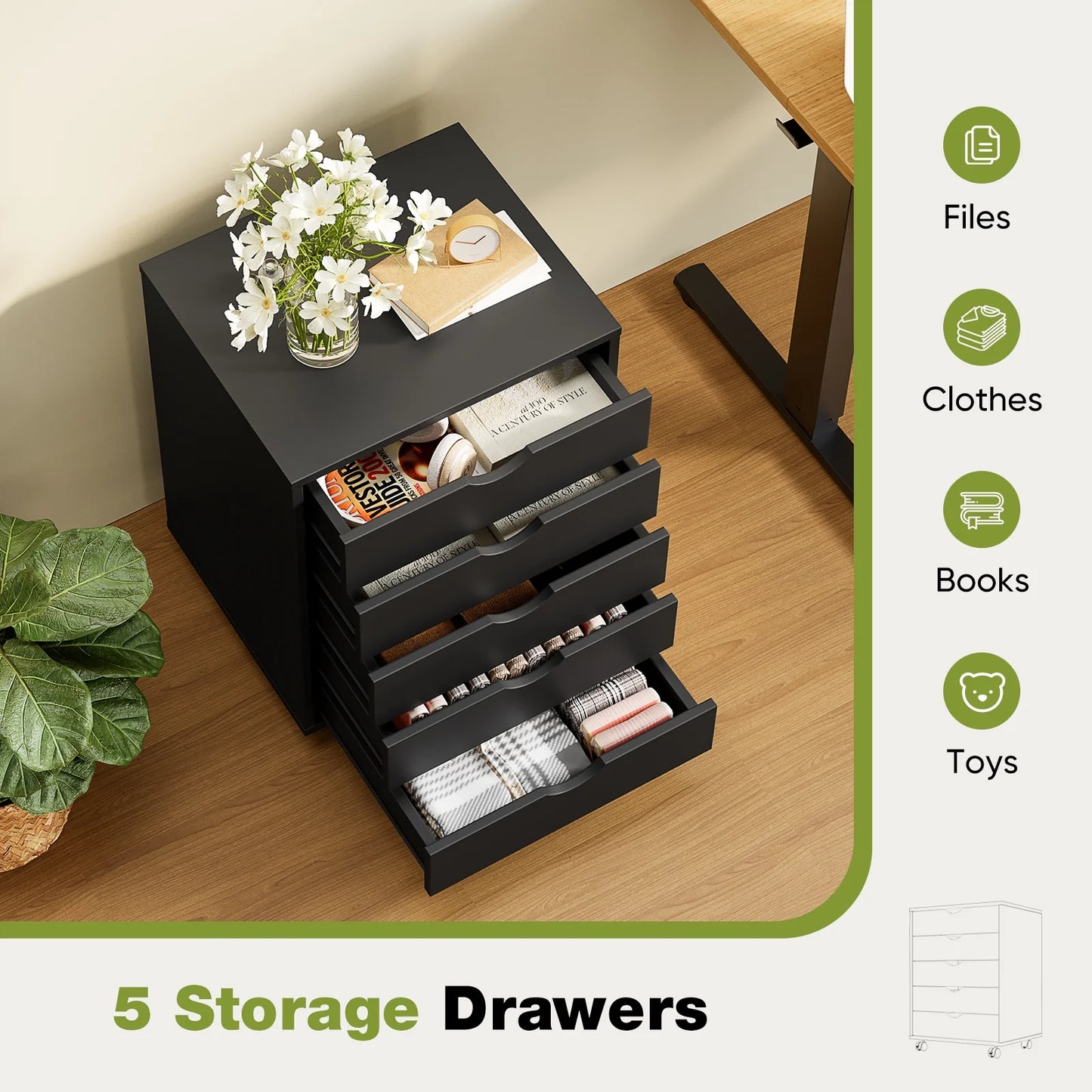 5-Drawer Portable Storage Cabinet on Wheels for Office, Bedroom & Home Organization, Black
