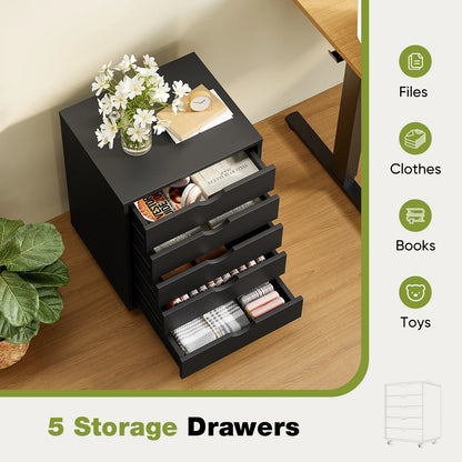 5-Drawer Portable Storage Cabinet on Wheels for Office, Bedroom & Home Organization, Black
