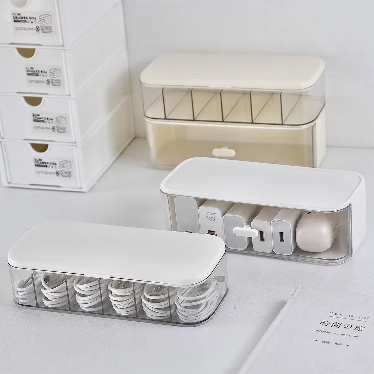 Compact Transparent Desktop Cable Organizer Box with Lid-No Power Needed Cord and Charger Storage Solution for Home Organization