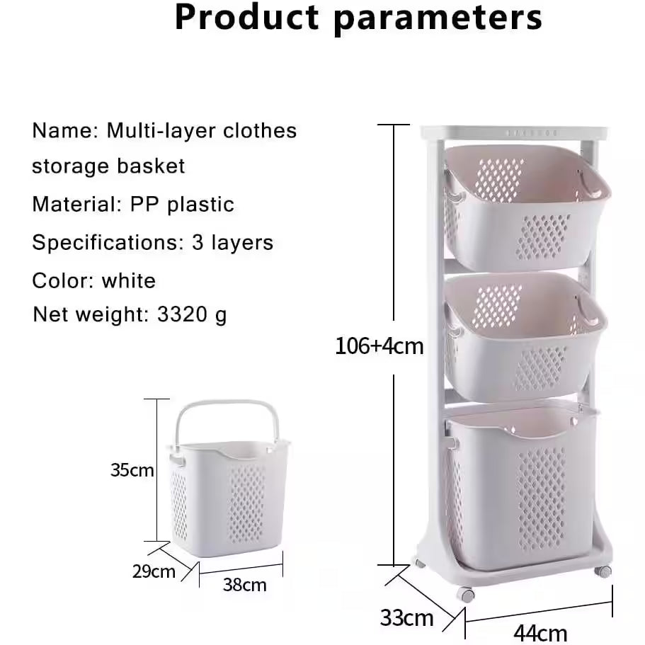 Freestanding Bathroom Multi-Layer Laundry Basket Storage Basket Household with 3-Baskets in White