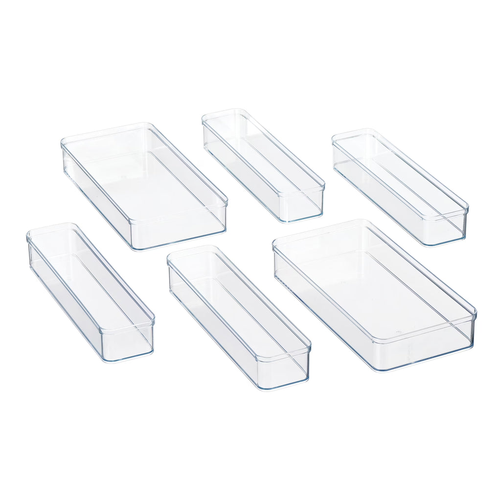 6-Piece Clear Plastic Drawer Storage Organizer Set, Kitchen, Desk and Bathroom Drawer Organizer Bins for Home Organization