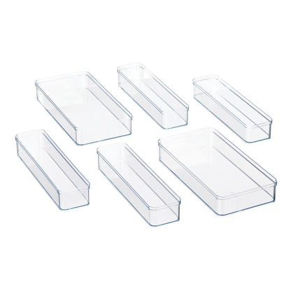 6-Piece Clear Plastic Drawer Storage Organizer Set, Kitchen, Desk and Bathroom Drawer Organizer Bins for Home Organization