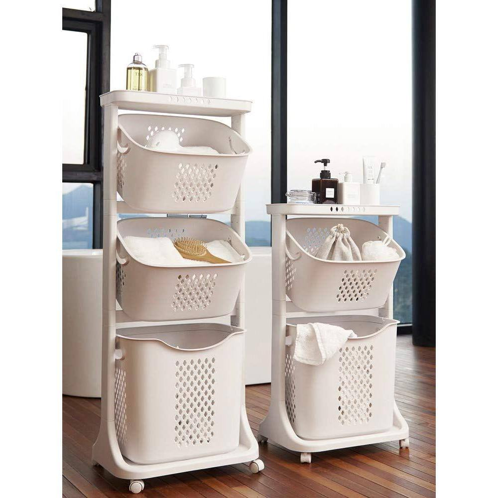 Freestanding Bathroom Multi-Layer Laundry Basket Storage Basket Household with 3-Baskets in White