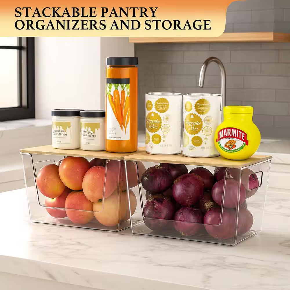 Clear 12In X 7In Acrylic Stackable Pantry Organizer with Bamboo Lid for Kitchen Storage and Home Organization